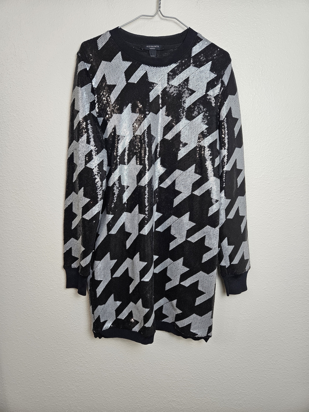 AllSaints Black and Silver Houndstooth Midi Dress Medium